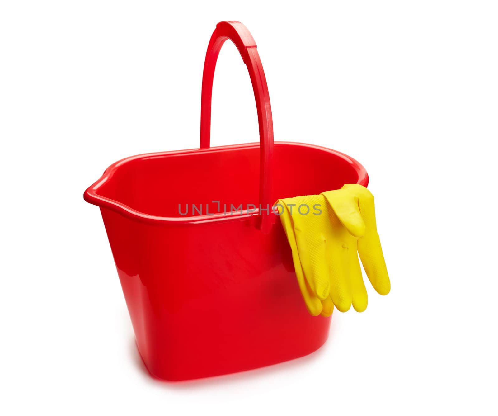 plastic bucket with cleaning gloves isolated on white background