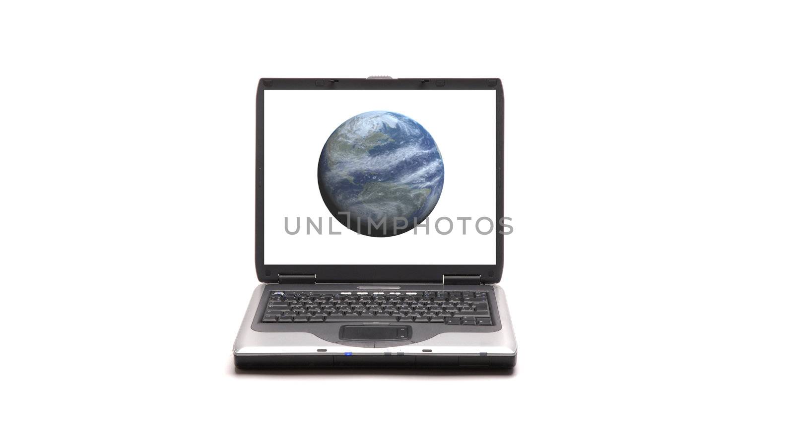 Laptop on white background whith Earth on the screen