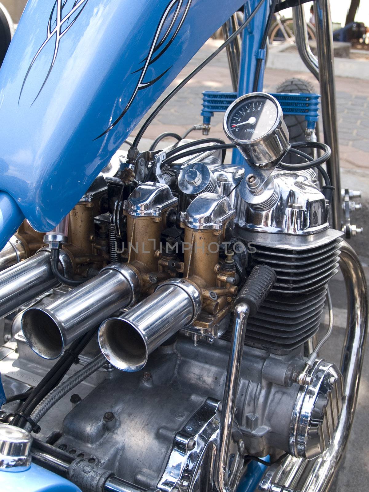 Engine detail and carburetor of custom built chopper motorcycle