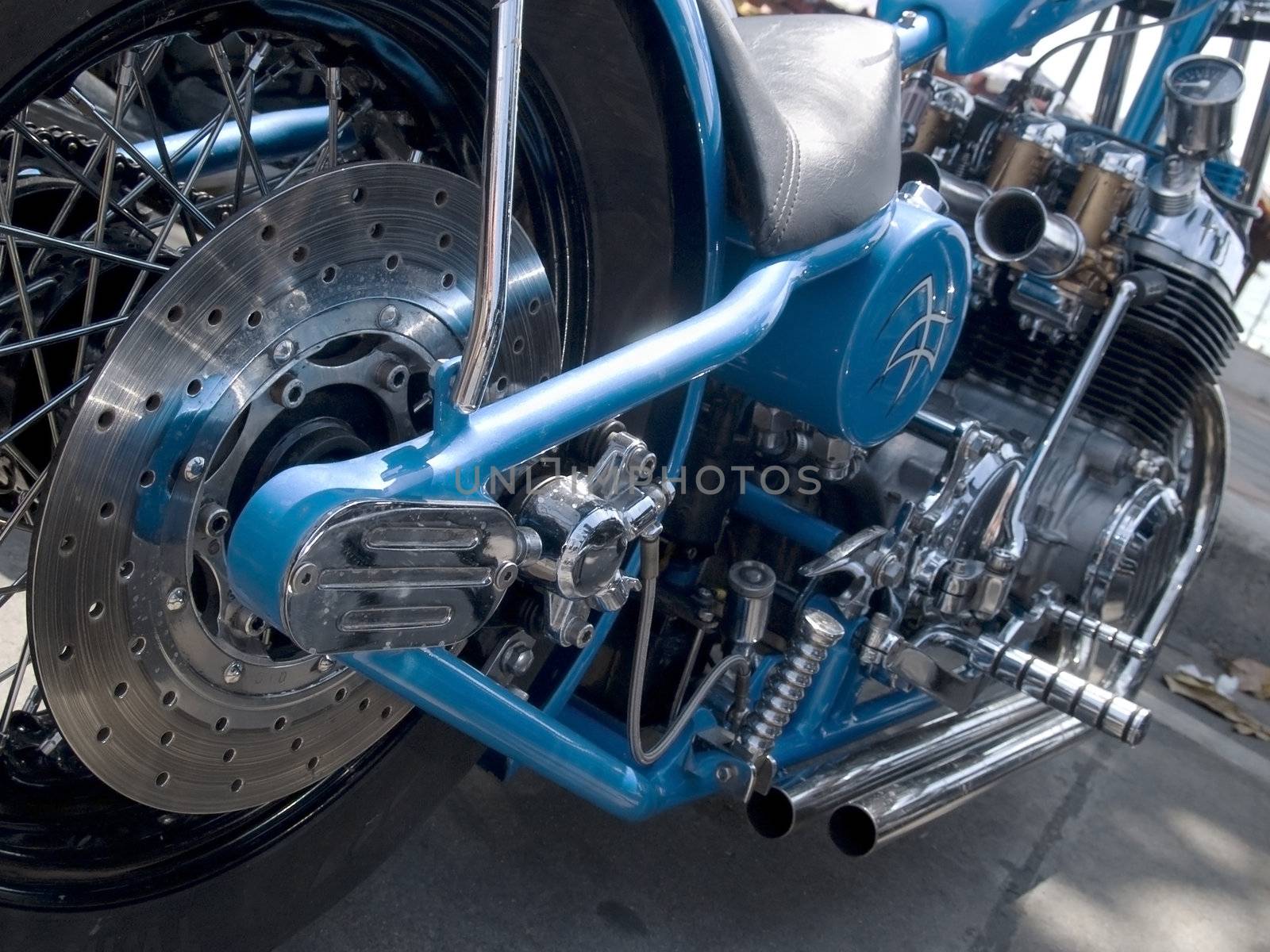 Back wheel and disk brake of custom built chopper motorcycle