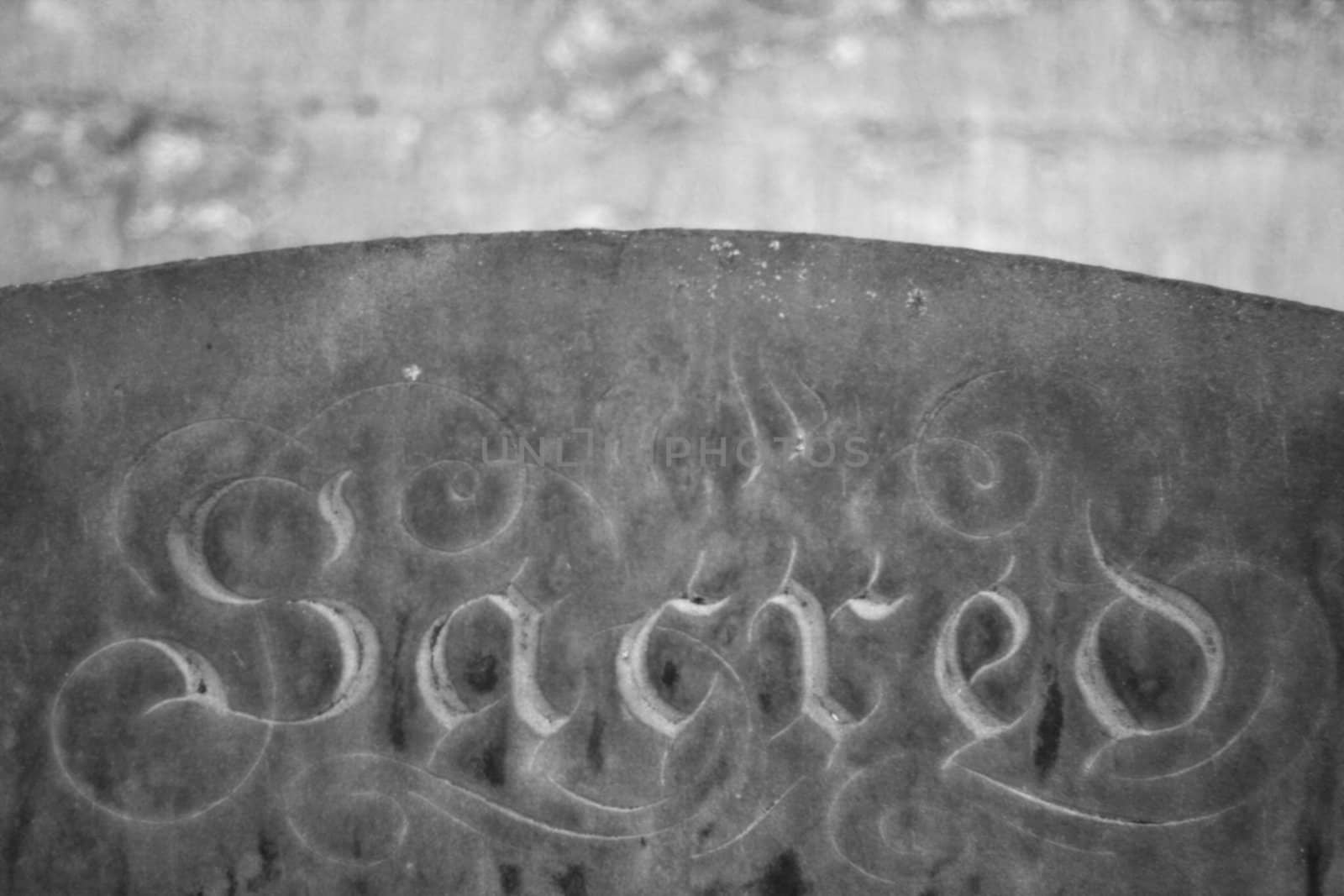 black and white image of a grave stone with the word "sacred" lot of stone texture visible
