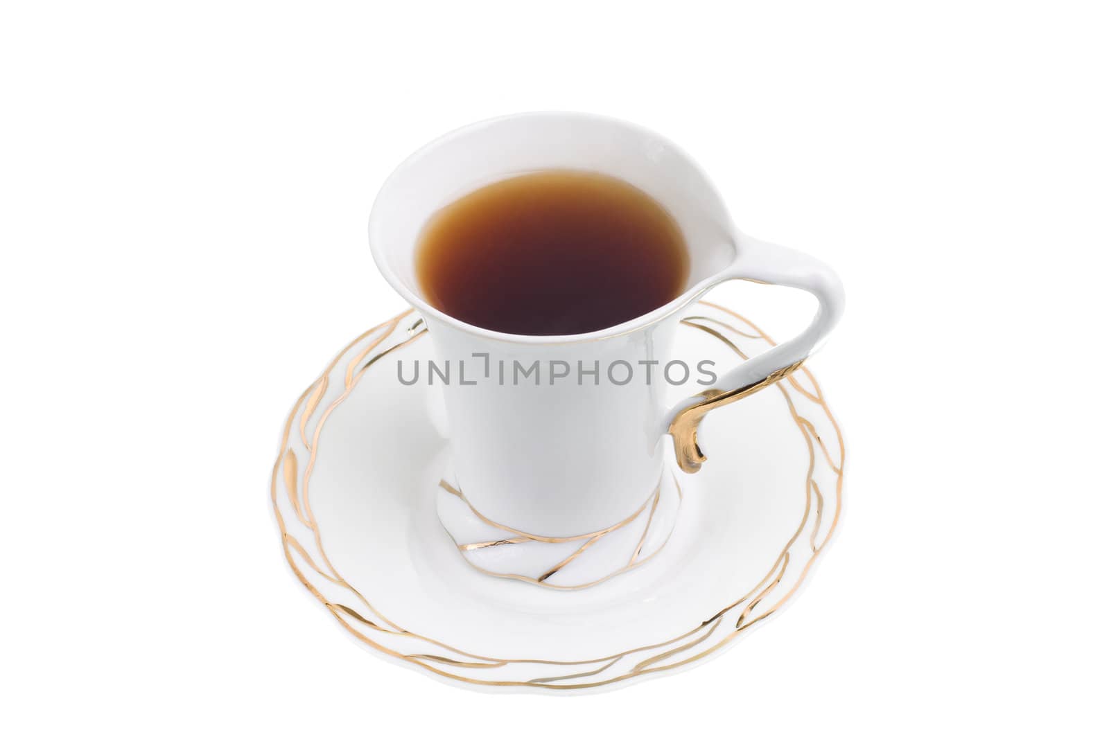 White cup of hot tea isolated on white background
