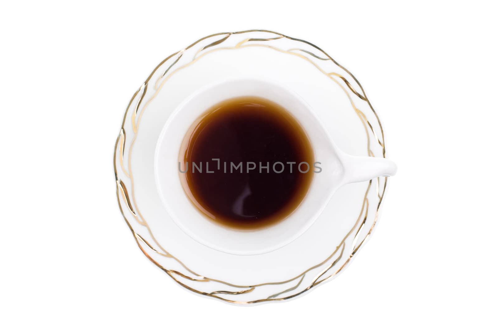 White cup of hot tea isolated on white background. Top view