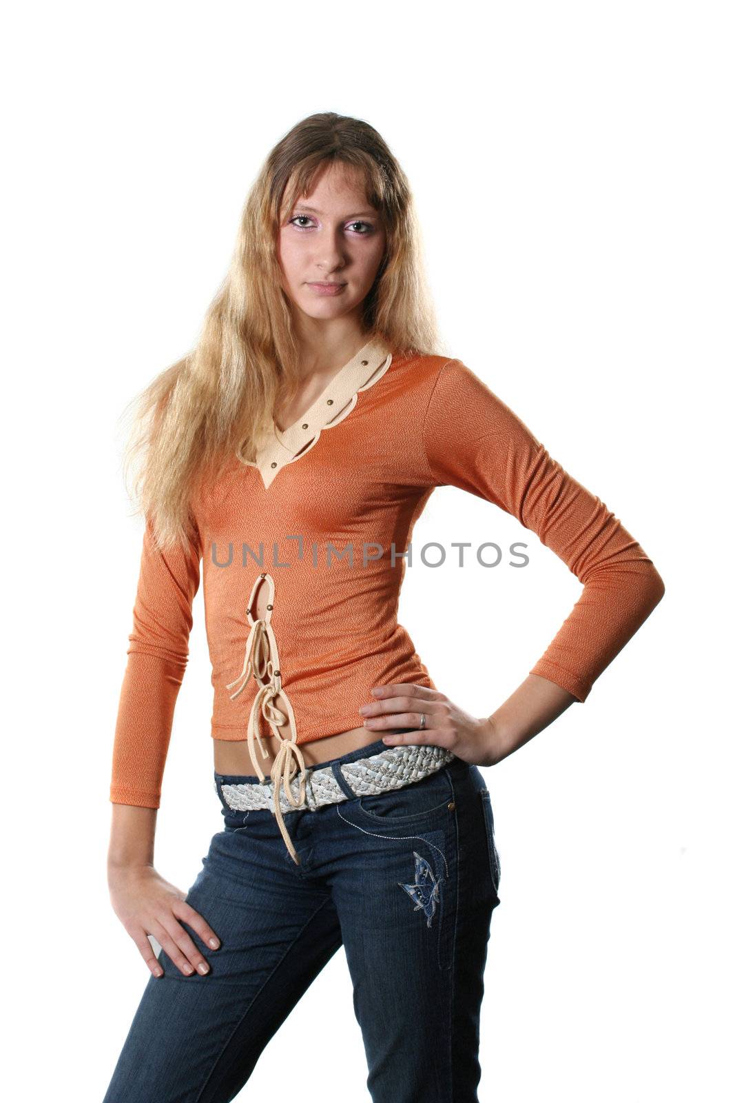 isolated posing model fashion beautiful clothing jeans