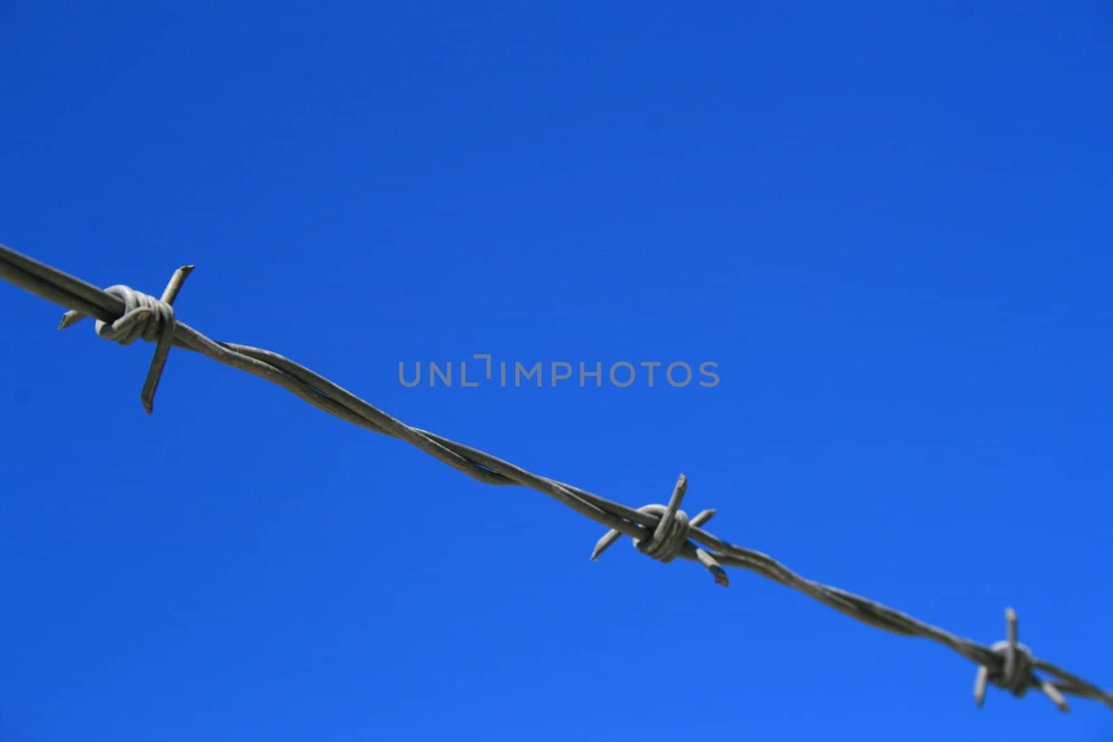 Close up of a barbed wire over blue sky.
