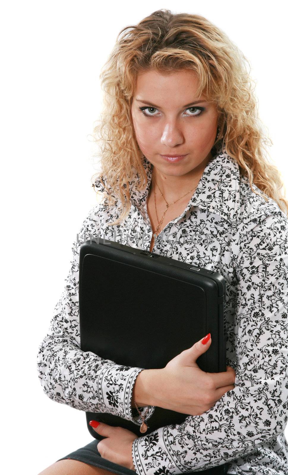 The sexual young woman with laptop on a white background