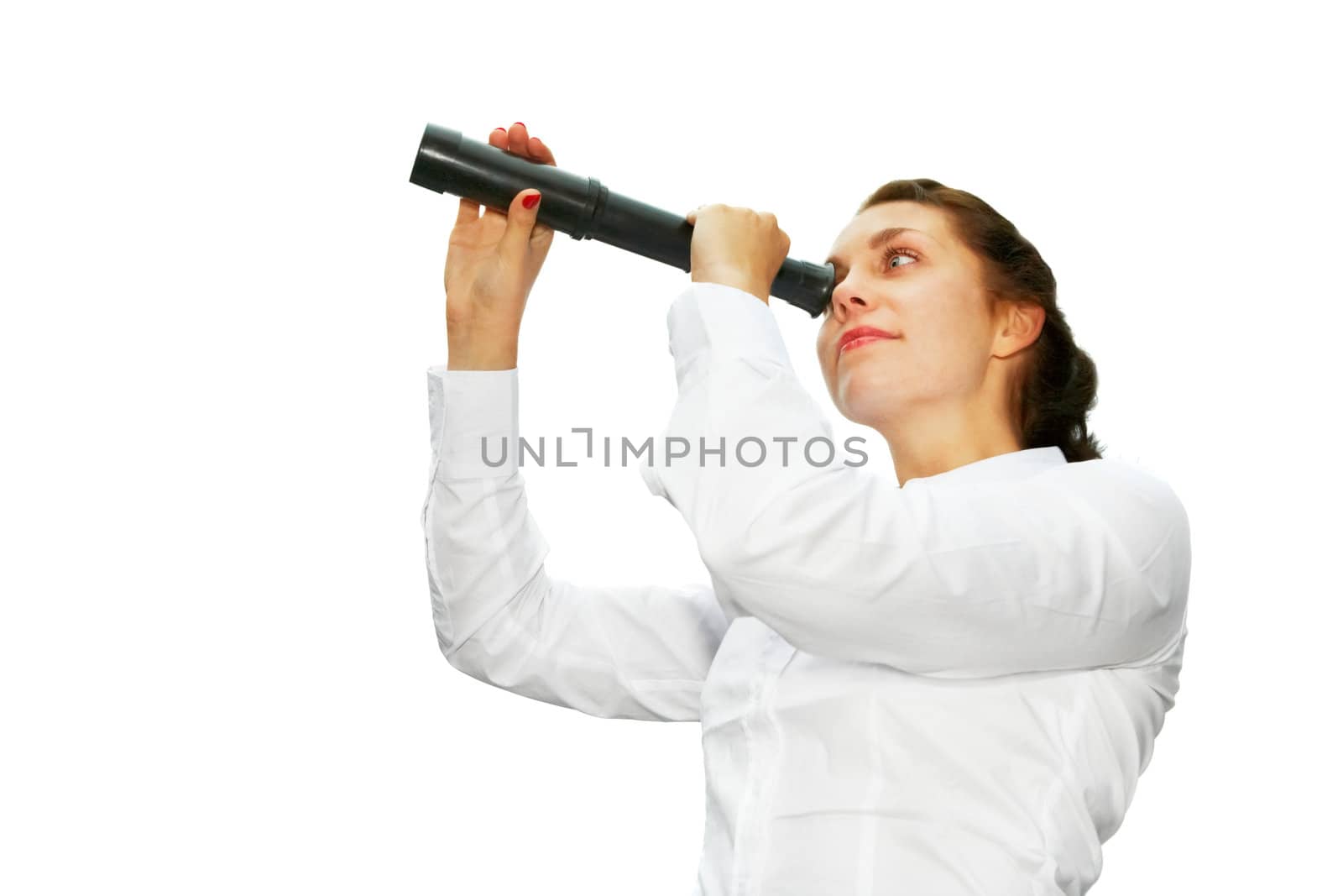 Young woman using telescope isolated on white background