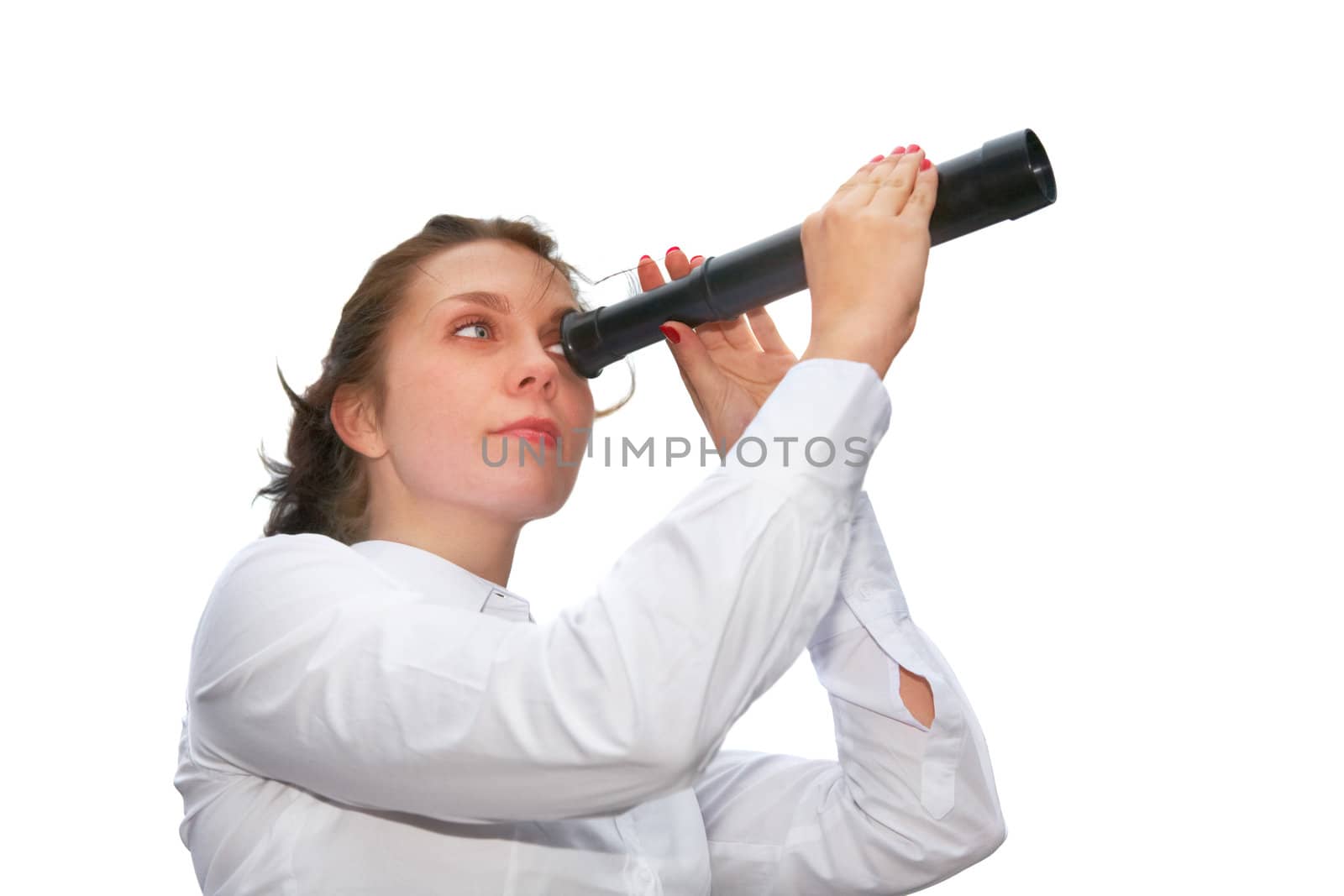 Young woman using telescope isolated over white