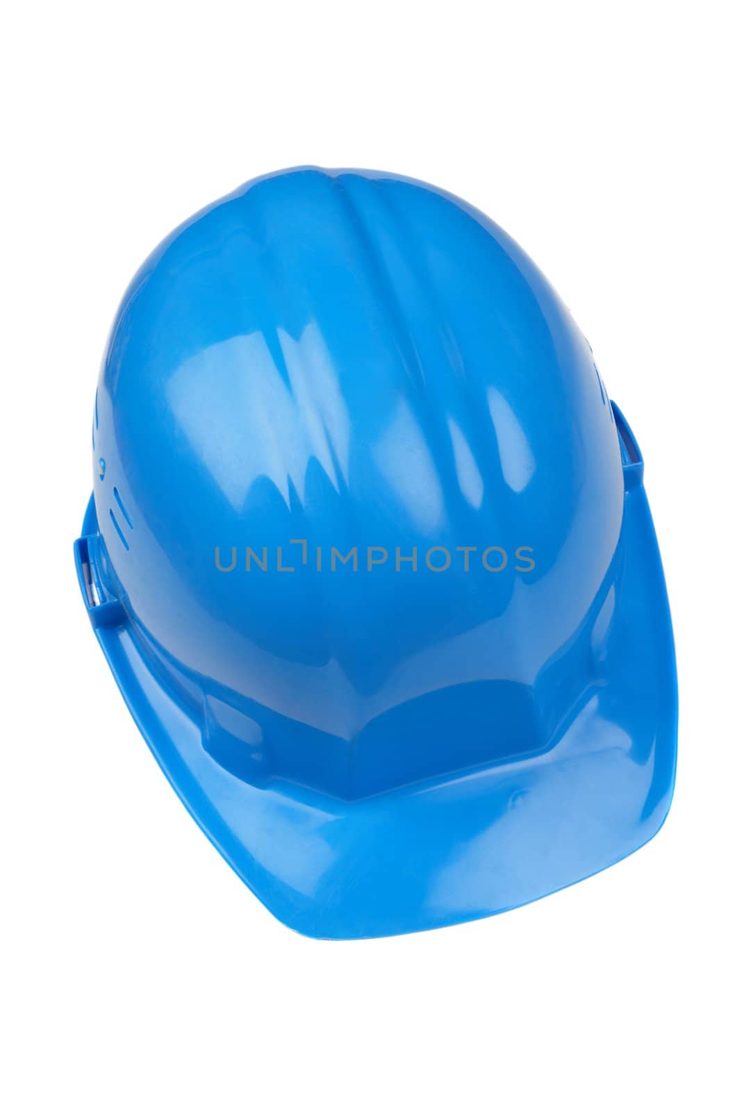 isolated blue hard-hat on white background, focus point on center of photo