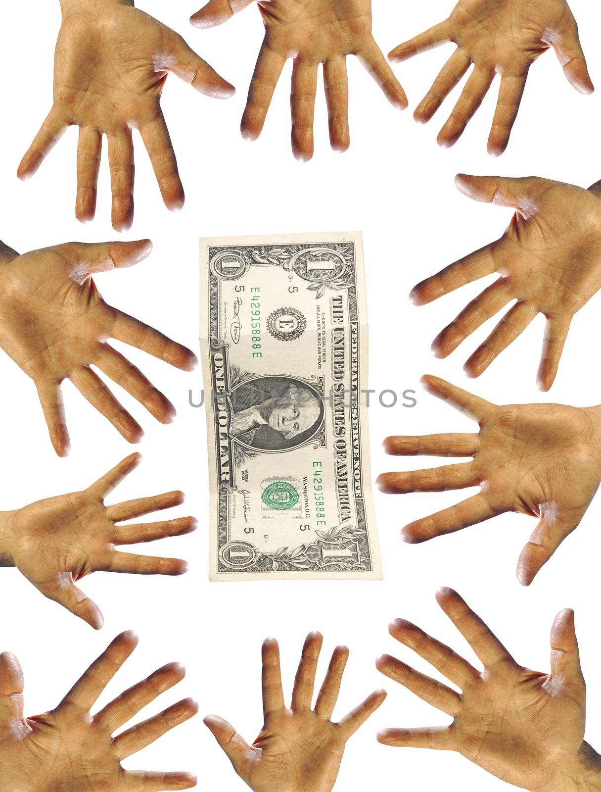 many hands with one US dollar isolated as business concept