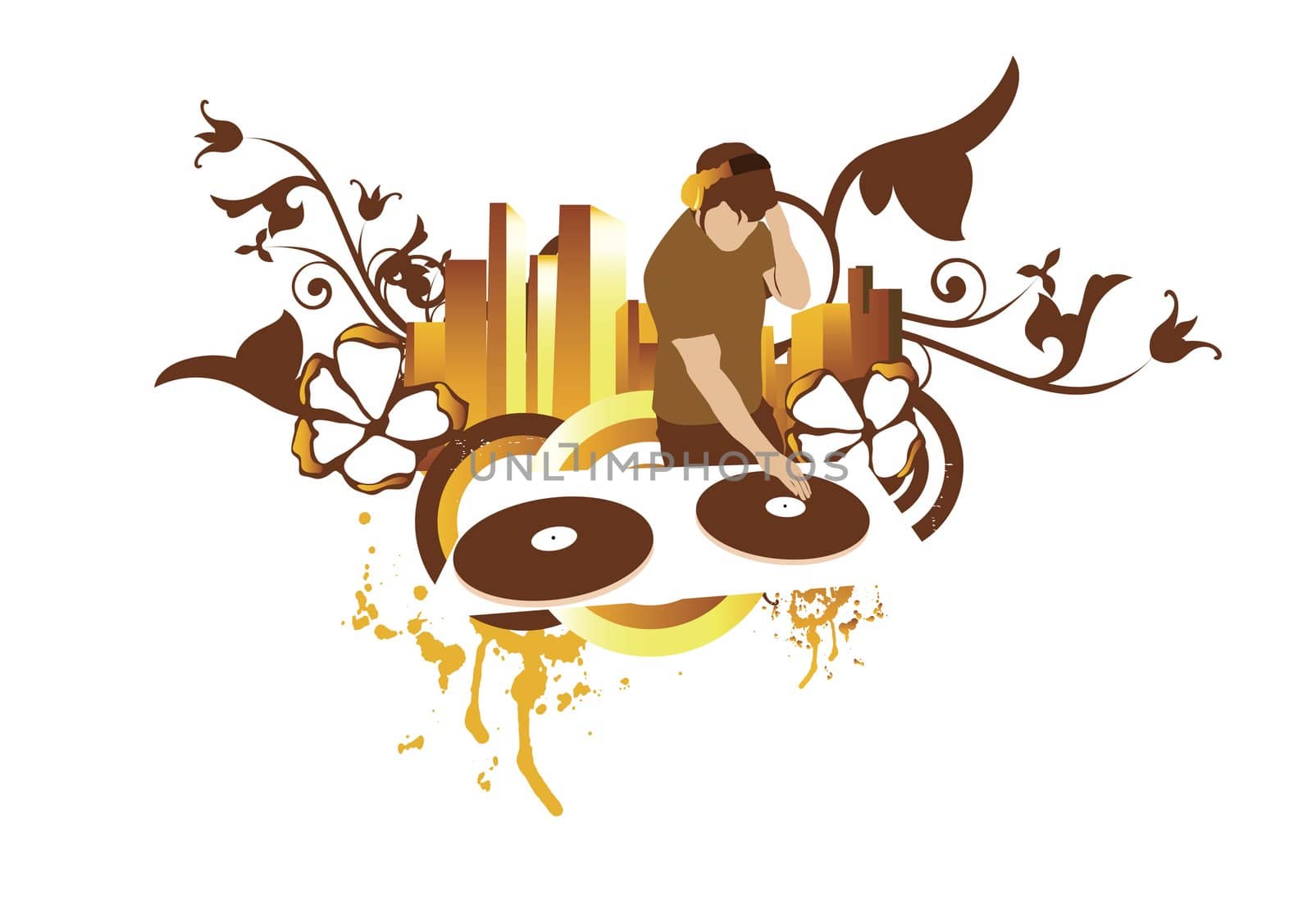 young adult with turntables and headphones on the disco party,isolated on white background