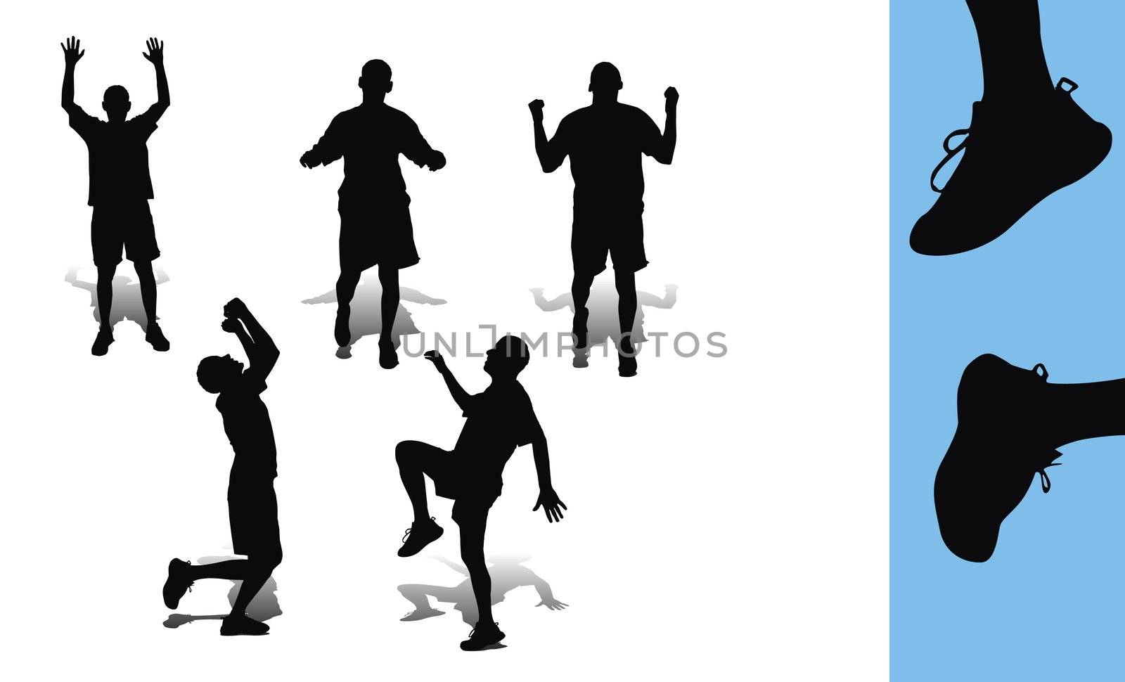 isolated sportsmen with shadows on white background, close up of foot for details