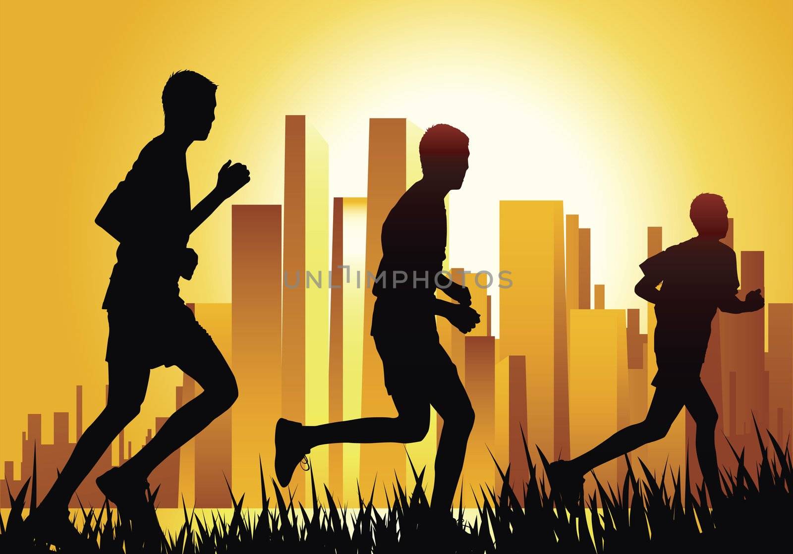 three teen running on sunset in urban