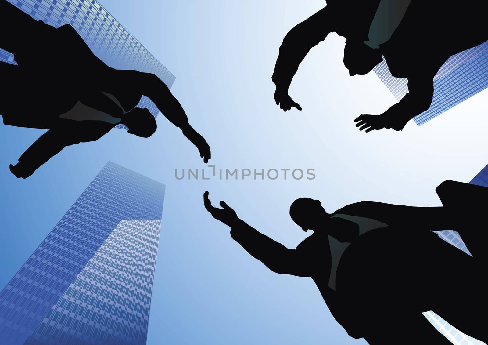 business handshake and modern skyscrapers with reflection