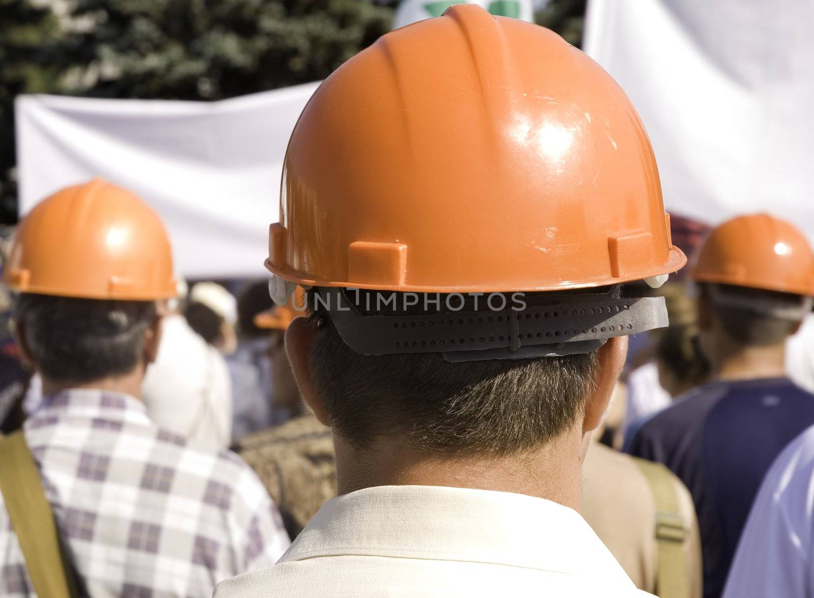workers on demonstration, focus point on center of the photo