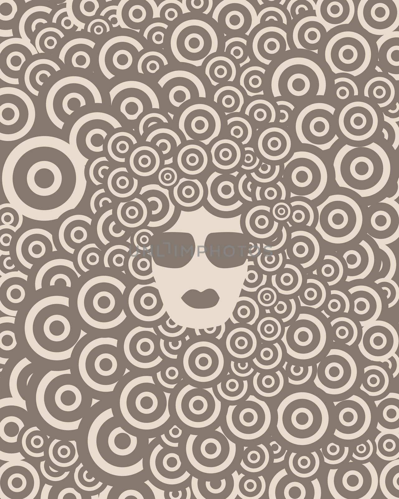 face of funky girl in glasses on abstract background with circles