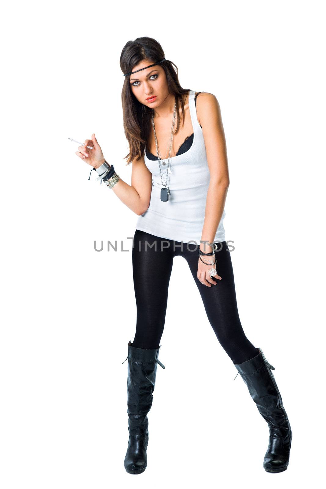 provocative female standing and holding cigarette on white background