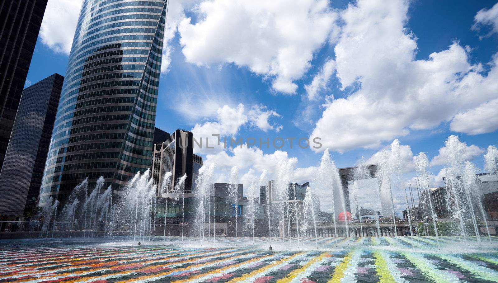 View of fountains in La Defence district, Paris