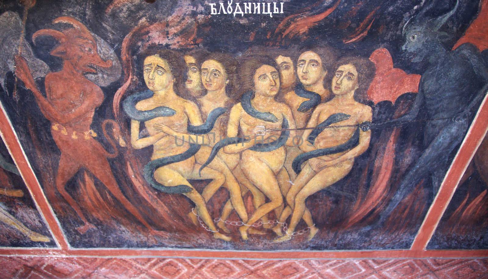 licentious women in hell scene frescos on the facade of church The Nativity of the Virgin in Rila monastery, painted 1840-1847