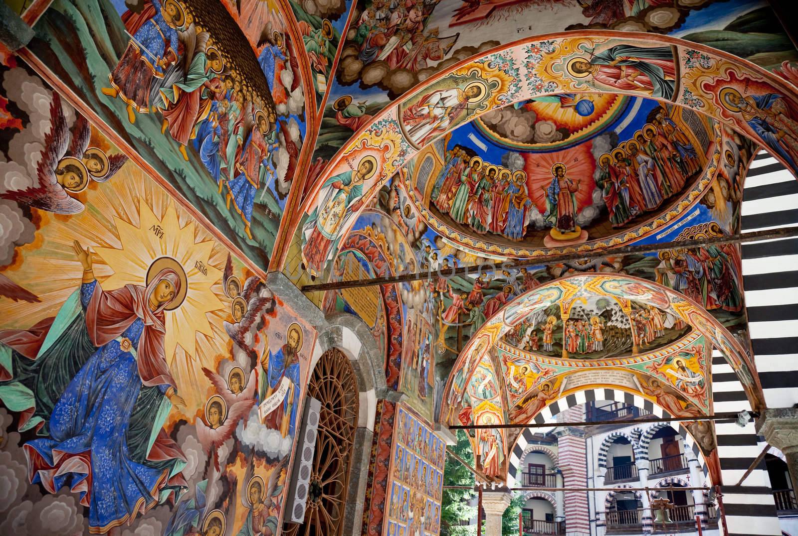 Frescos on the facade of The church of the Nativity of the Virgin, the main church in Rila monastery, painted 1840-1847