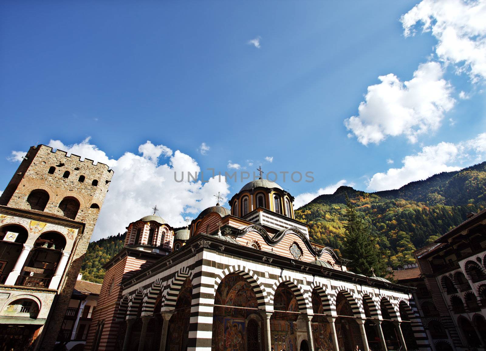 Hreliov�s tower and church Nativity of the Virgin in Rila Monastery, Bulgaria