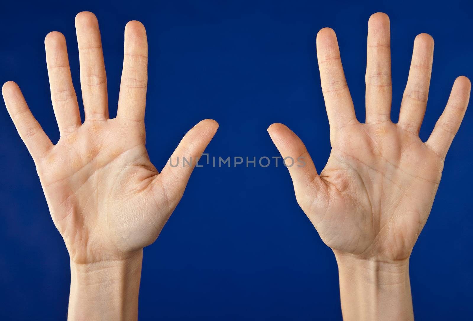 Close-up of two hands with open palms on blue background