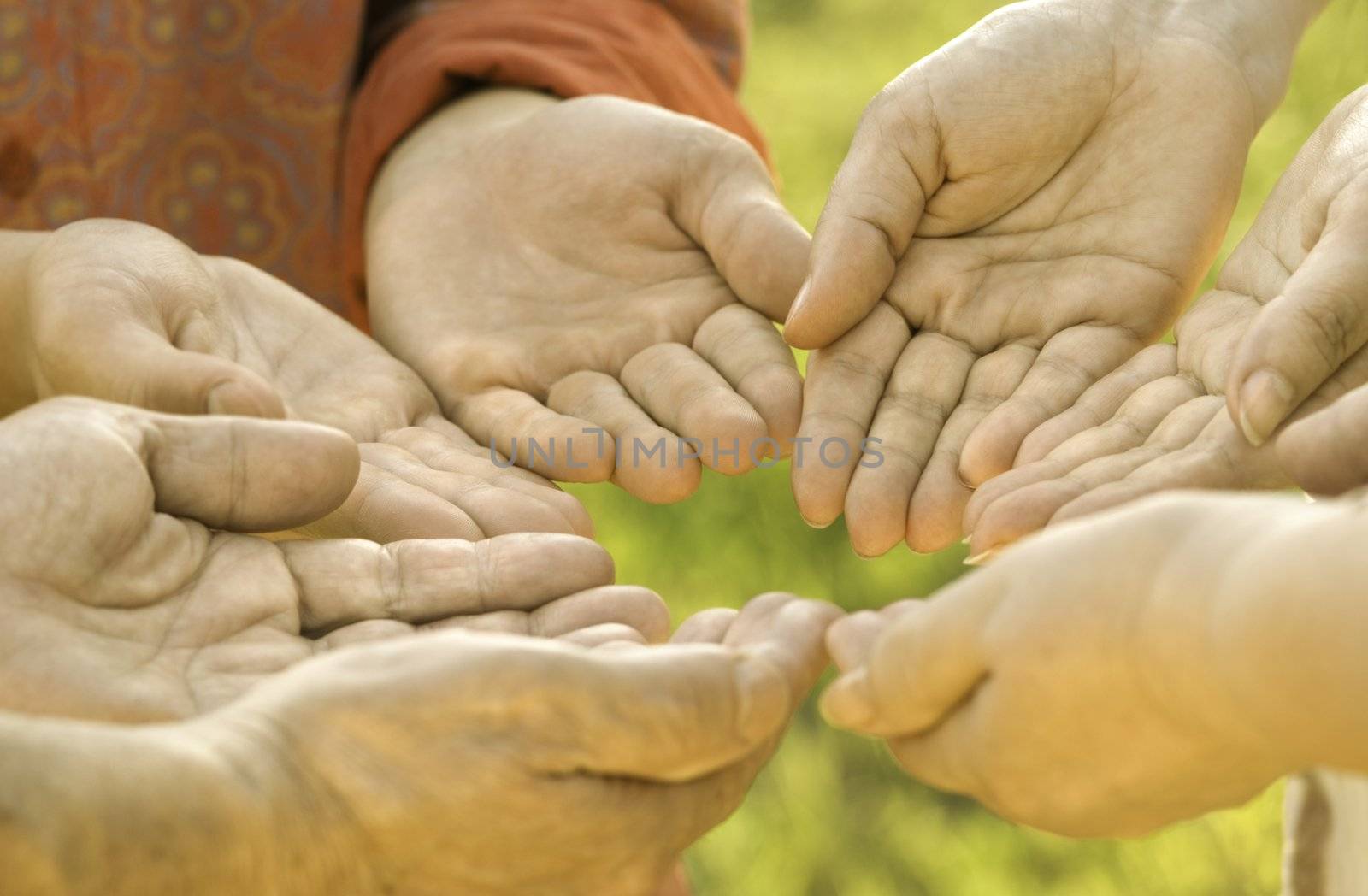 special warm evening light, focus point on  center hands (red shirt)