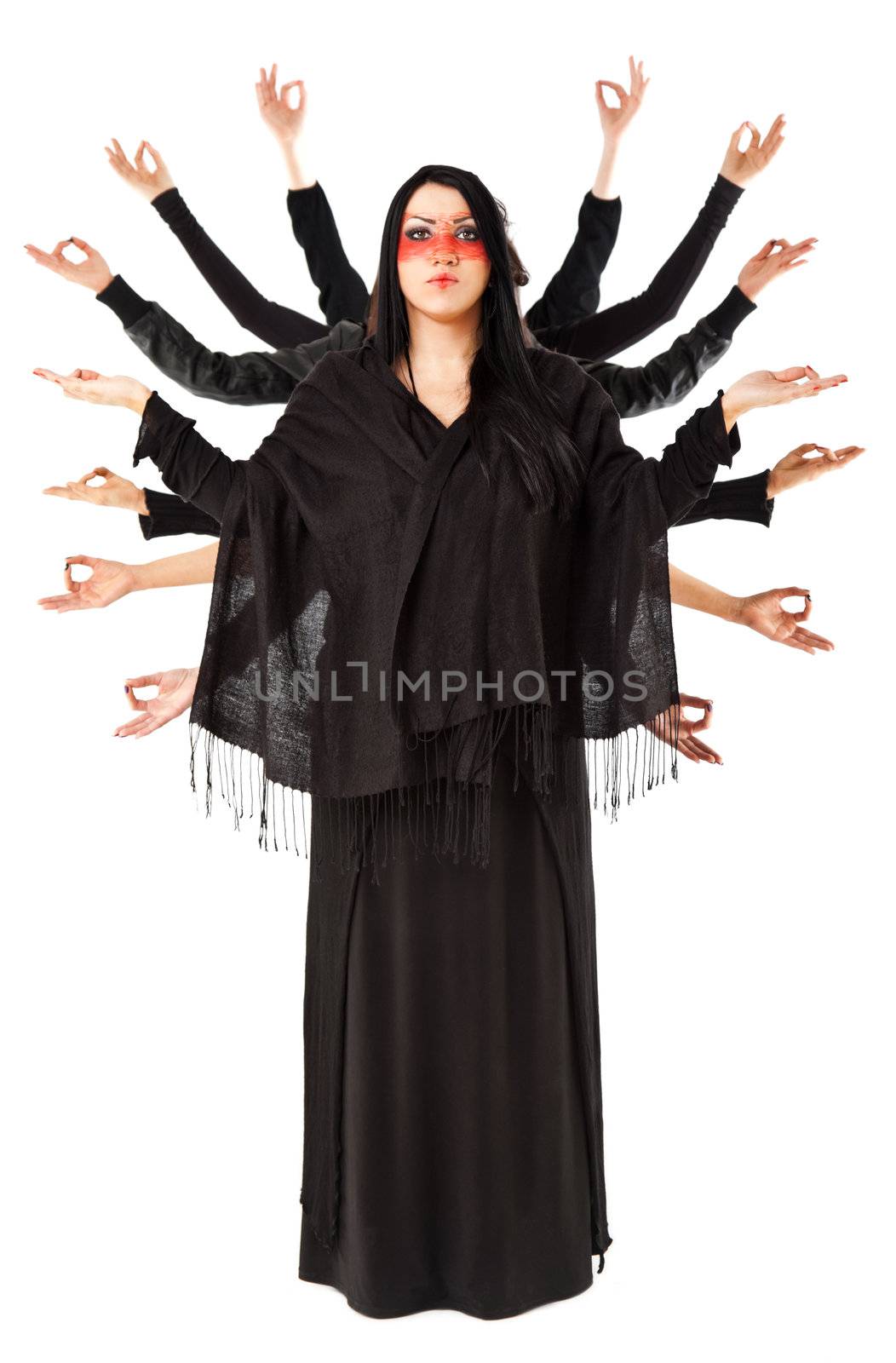 Young Shiva woman meditating with multitude of hands, isolated on white