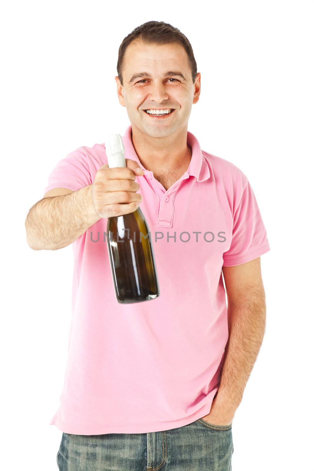 smiling casual male holding bottle of champagne, isolated on white