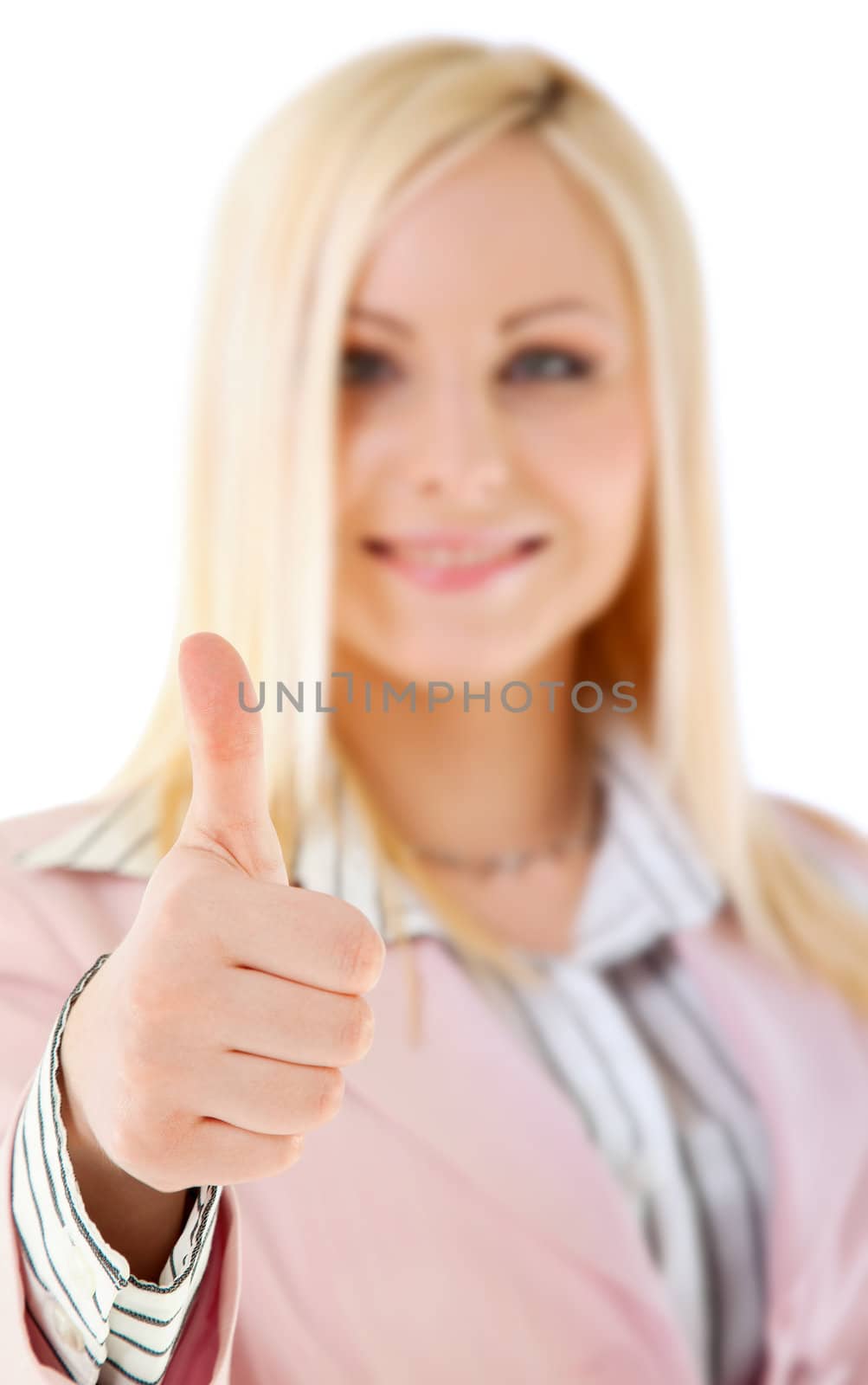 Happy blond female showing thumbs up sign, isolated, focus on hand