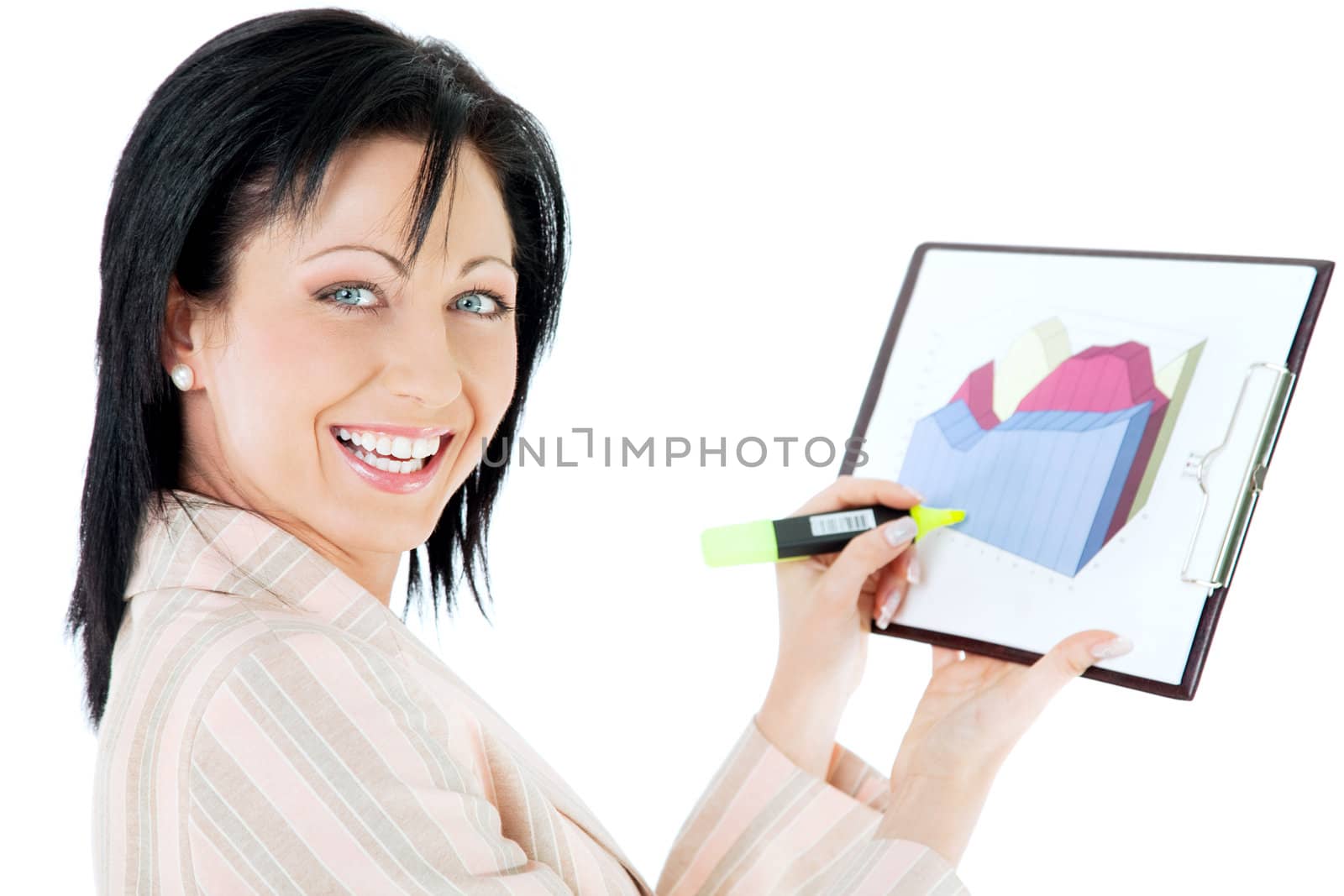 Attractive successful businesswoman holding diagram and yellow marker, smiling at camera