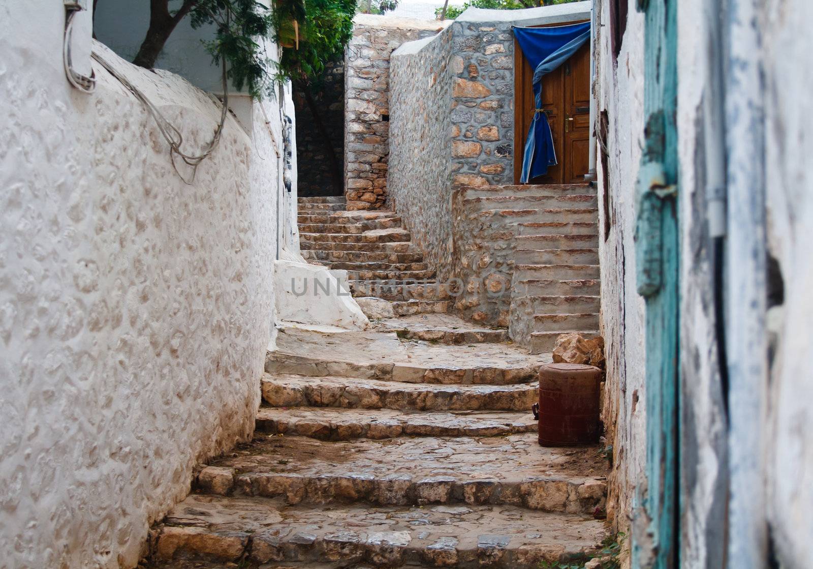 Traditional stone stairs in Hydra island, Greece