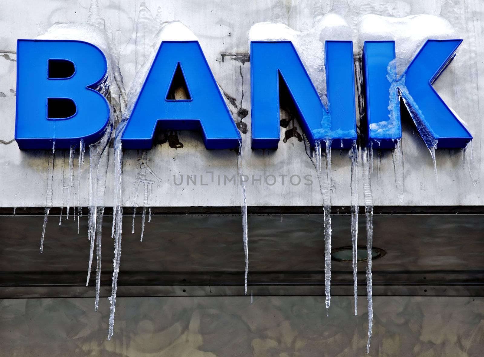frozen blue 3d bank sign with ice pendants