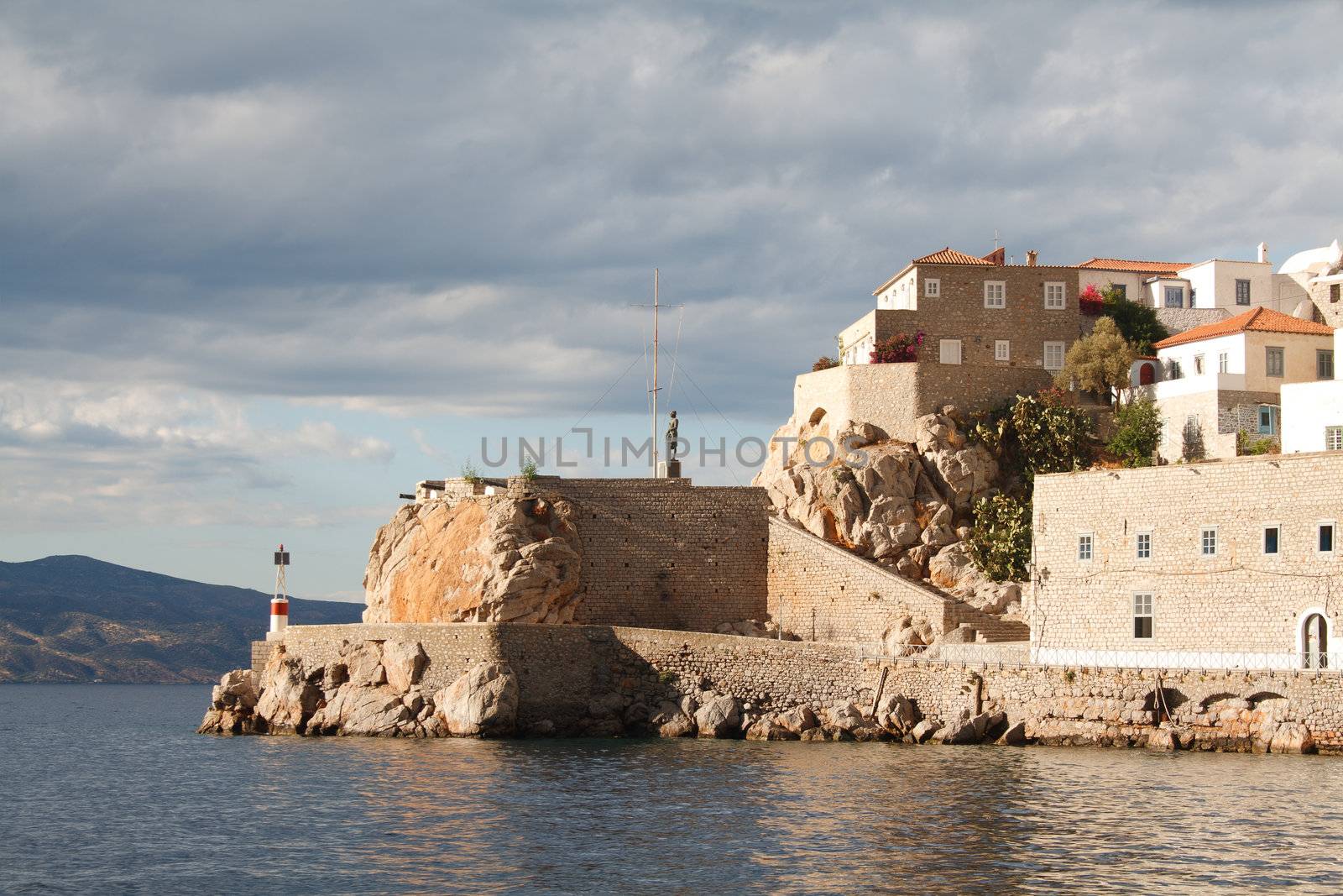 Walled town on the shore of Hydra island, Greece