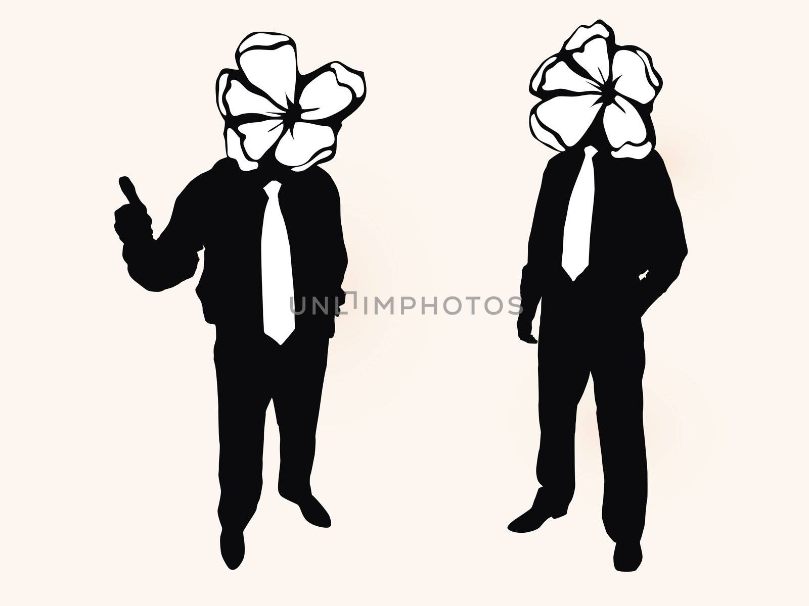 isolated men with flowers on heads (new good business concept)