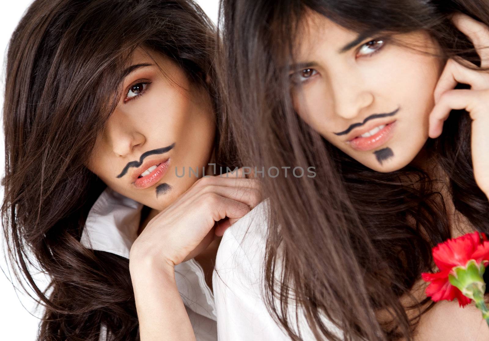 female twins posing with moustache dendy makeup, looking at camera
