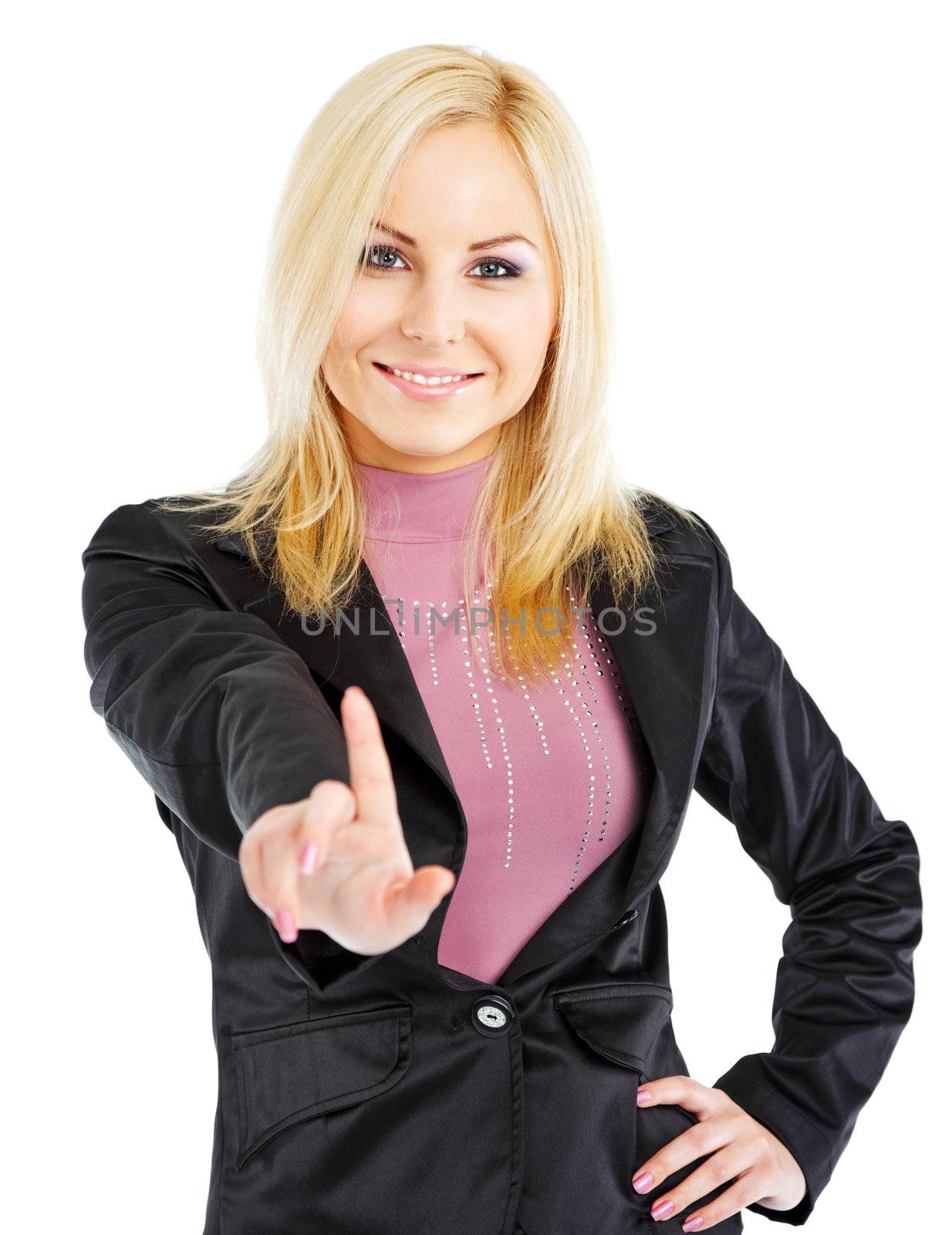 positive young female with suit pointing at camera