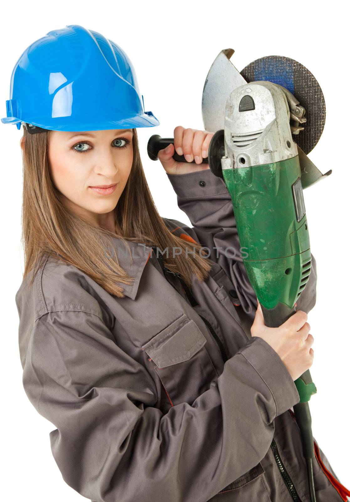 female construction worker with blue hardhat holding grinder, isolated