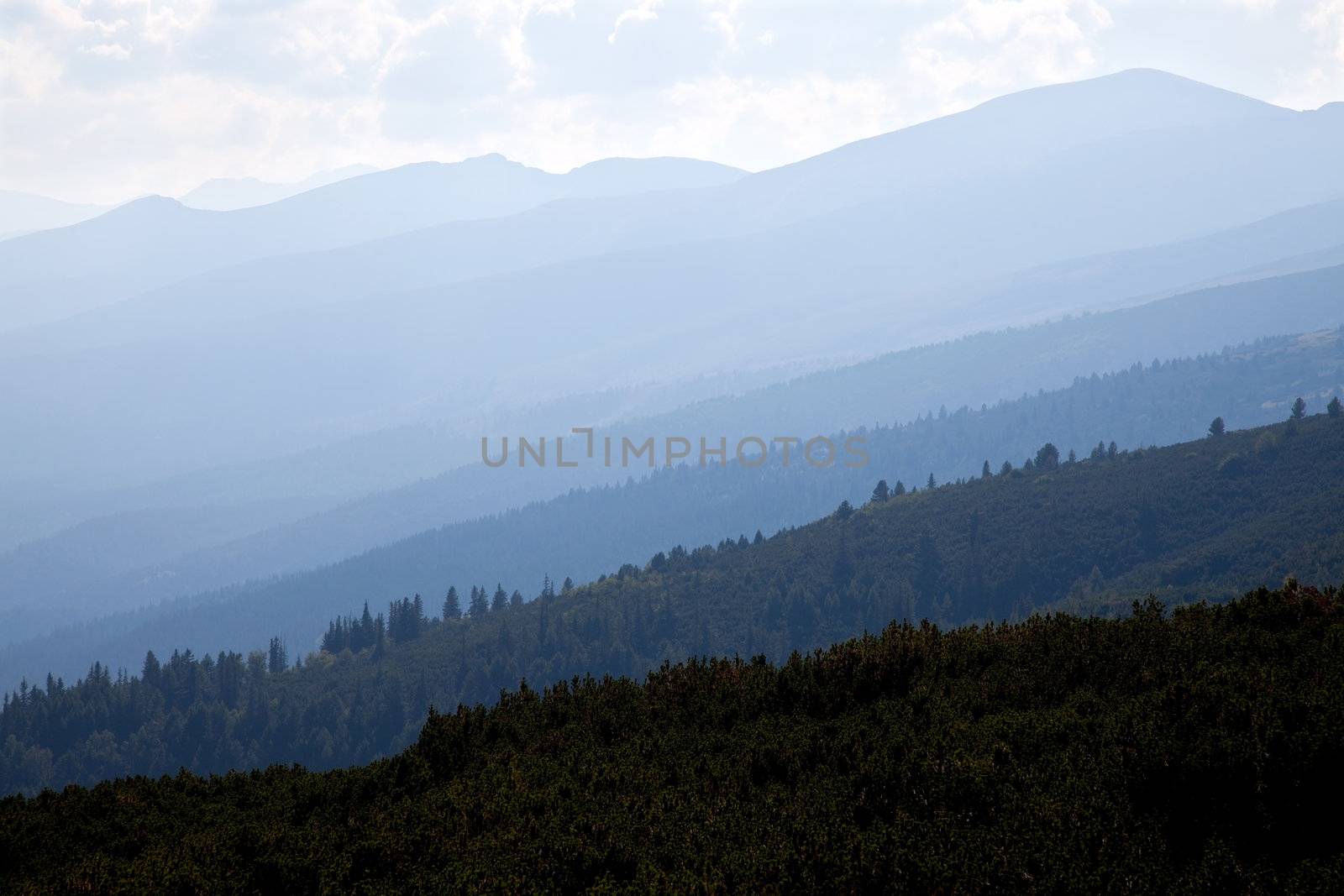 foggy view of rila mountains hills during summer