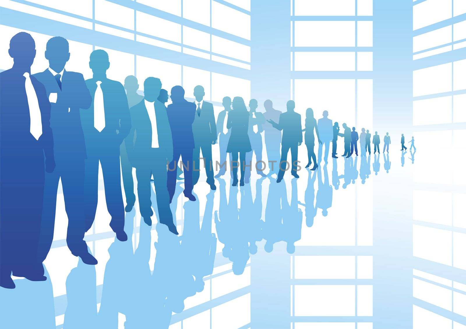 business people in line with reflection and shadows