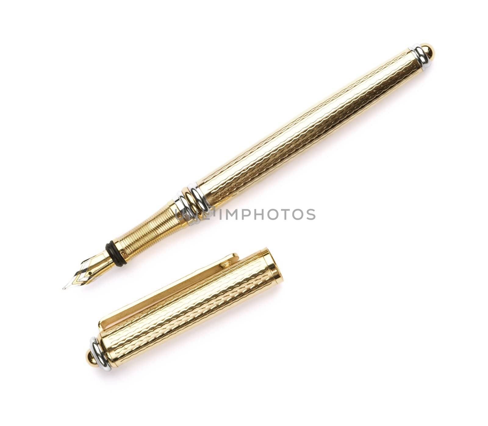 isolated golden pen on white background, focus point on center