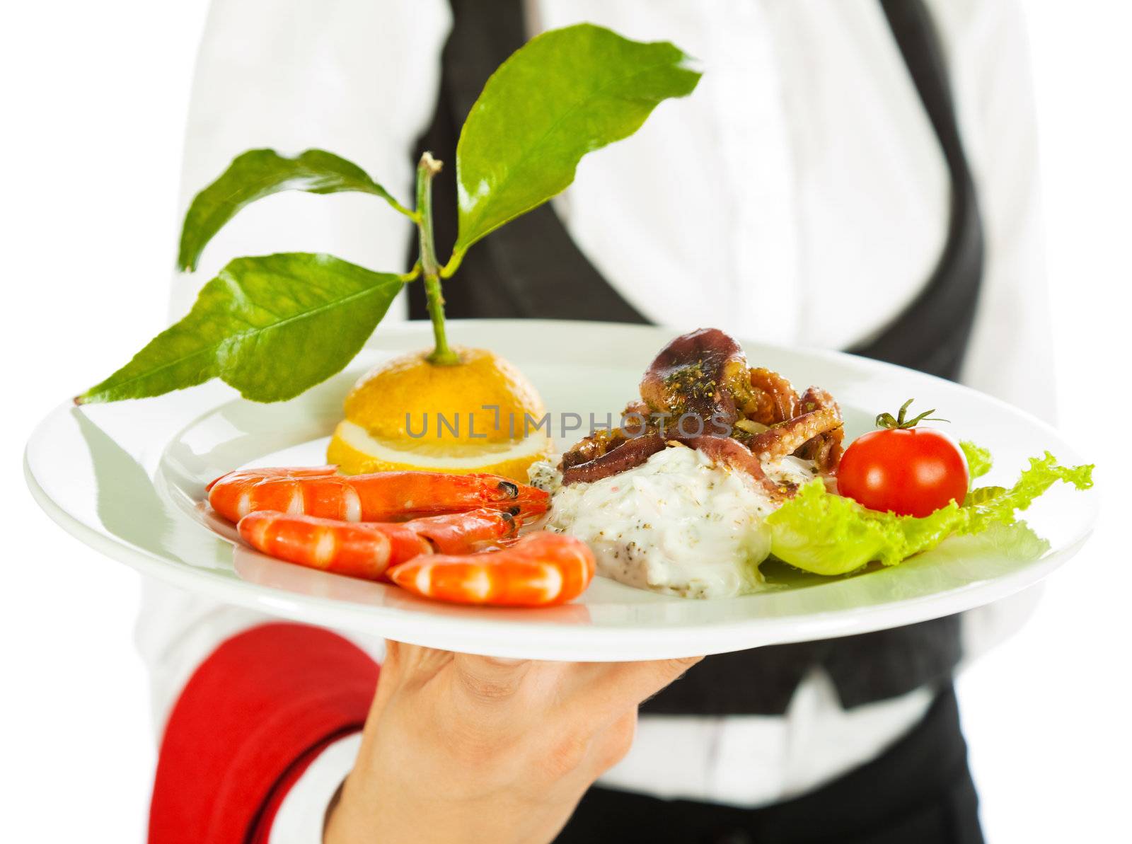 Close-up of waitresses hand holding a plate with seafood salad