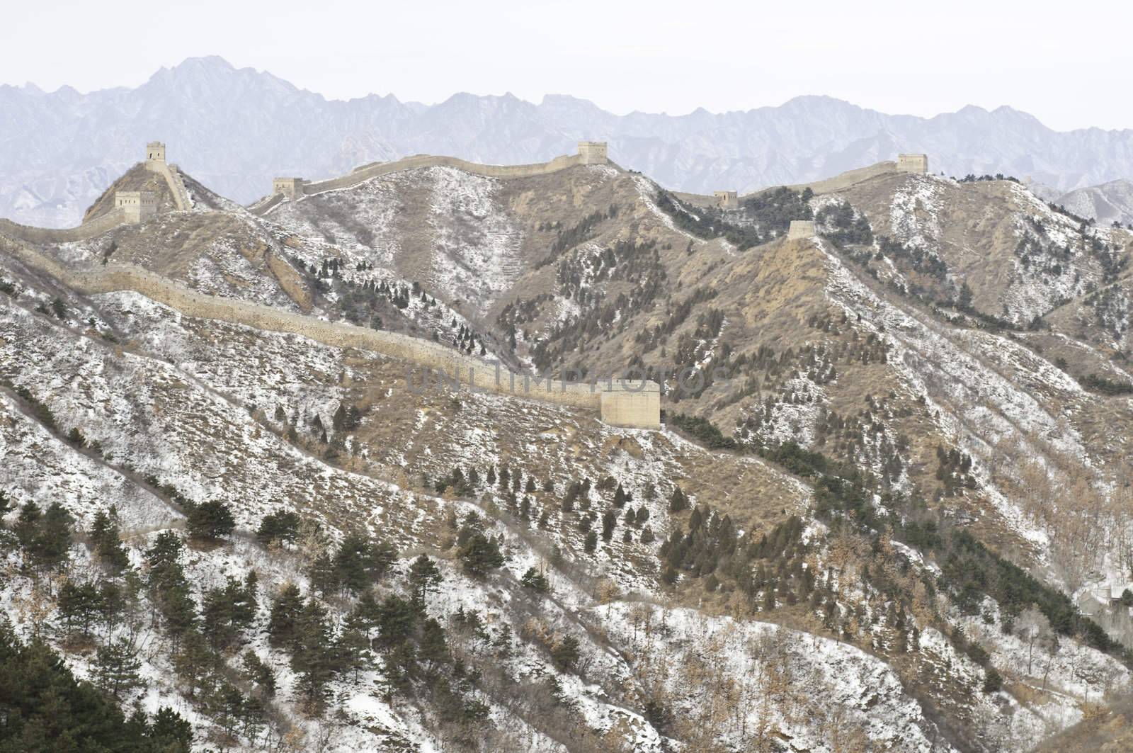 A distant view of the great wall of china during the winter