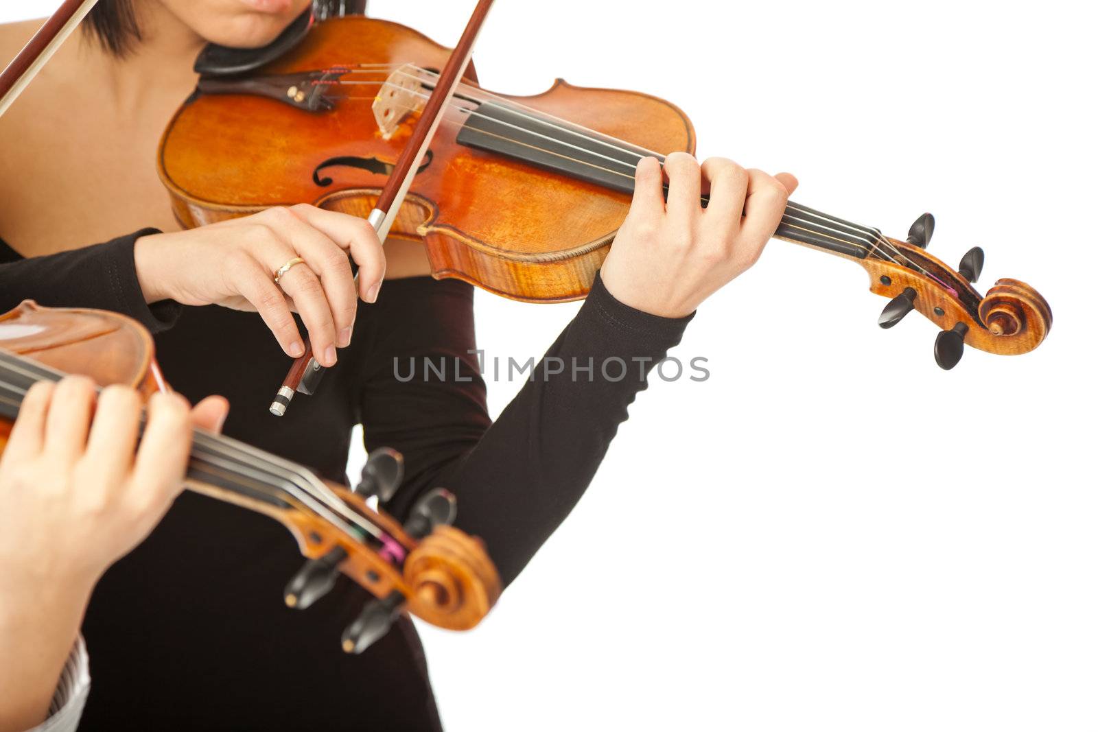 Two musicians no face playing violins isolated on white