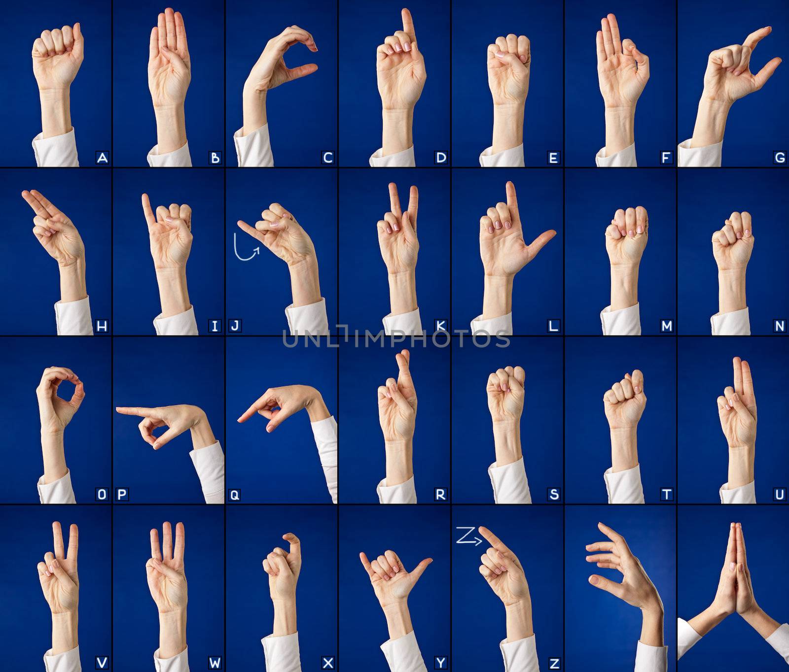 Finger spelling of alphabet in sign language, on blue background