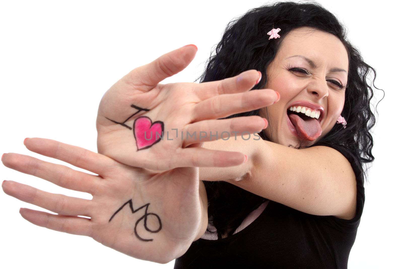 Beautiful lady with a sign on her hands "I love me"