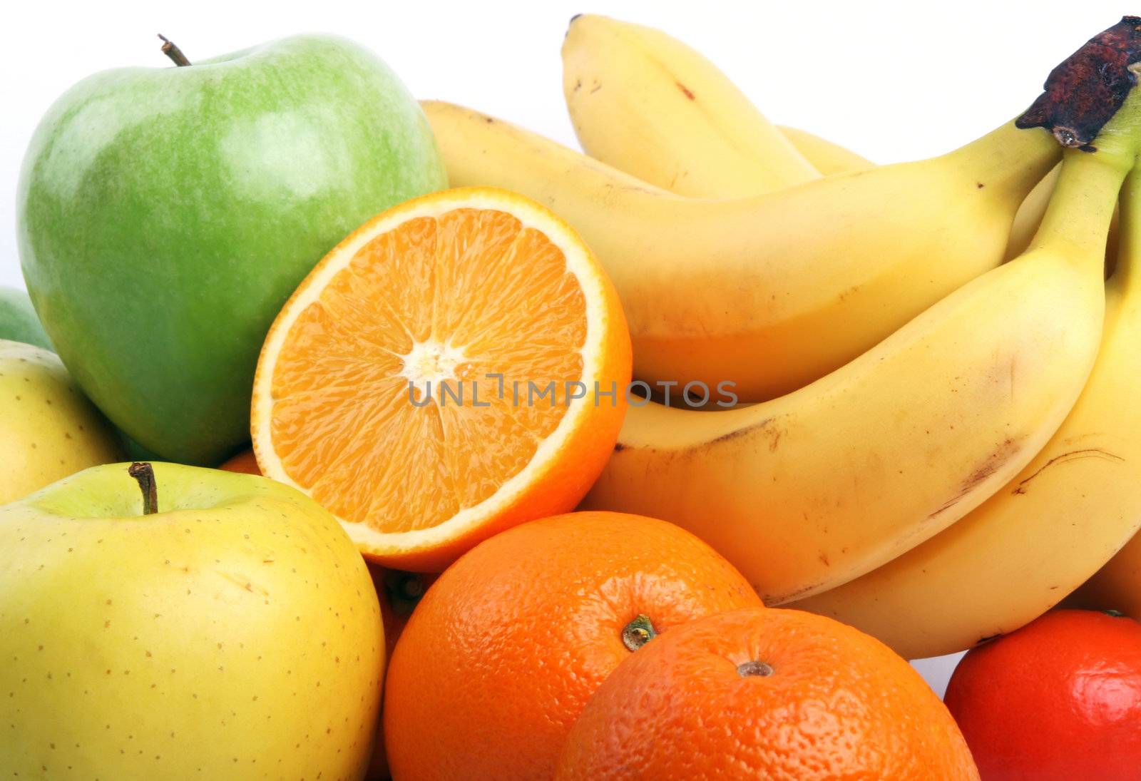 Group of fruits: orange, apple, bananas and a tangerine