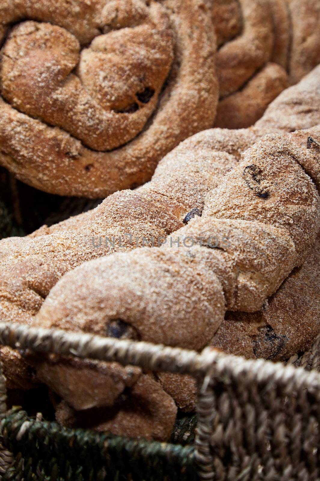 Close-up of fresh crispy bakery in basket
