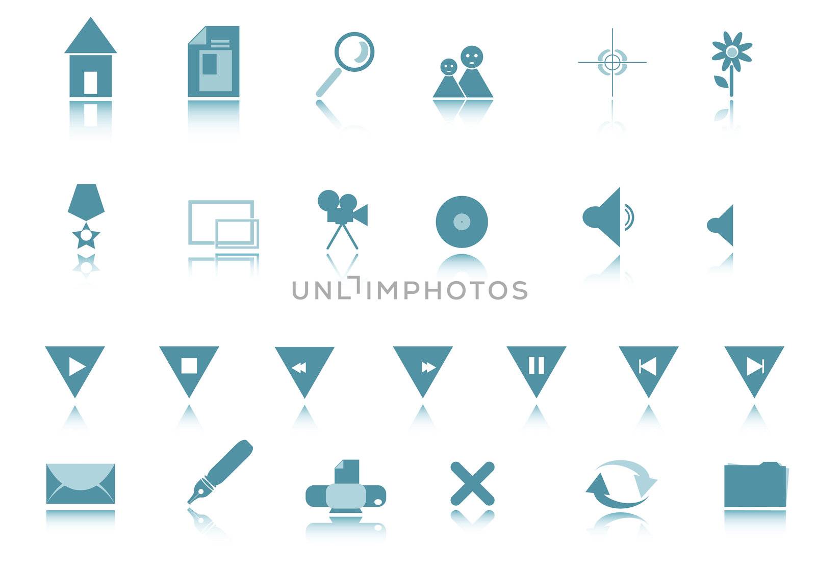 set of web signs (blue color with reflection isolated on white background)