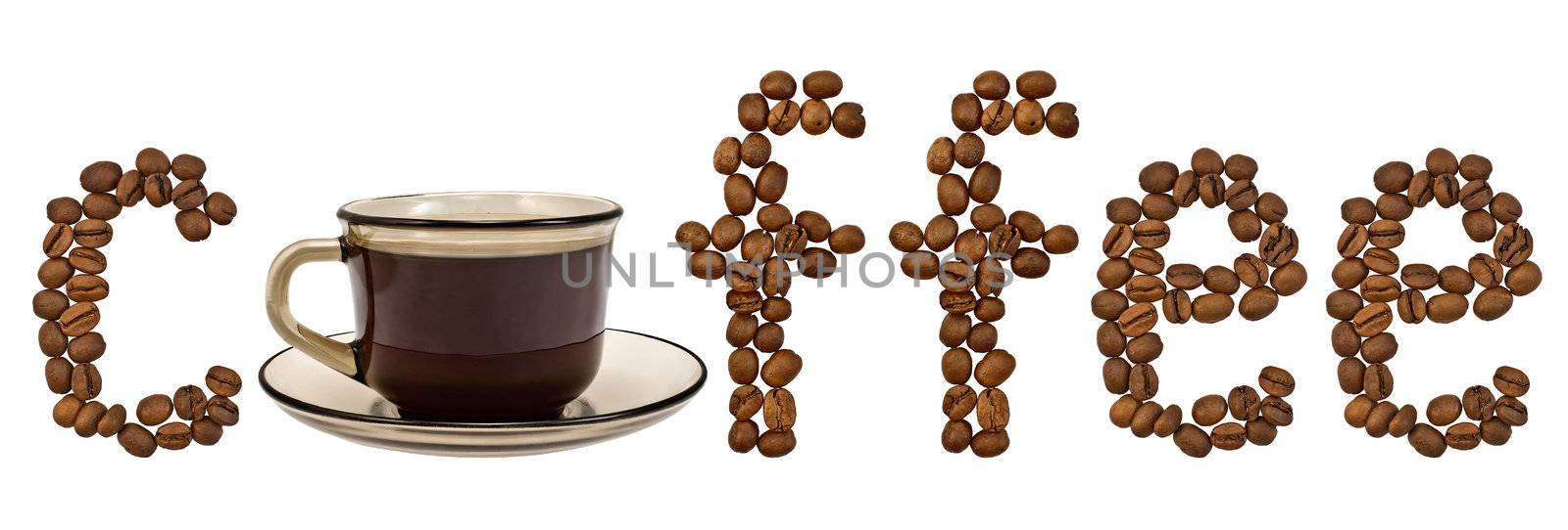 Word of coffee beans with a cup of coffee from a brown glass isolated on white background